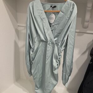 Boohoo Pale Mint Satin Wrap-Front Dress